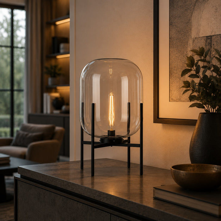 Modern Table Lamp with Hand-Blown Glass Shade and Metal Base LED Compatible for Bedroom and Office