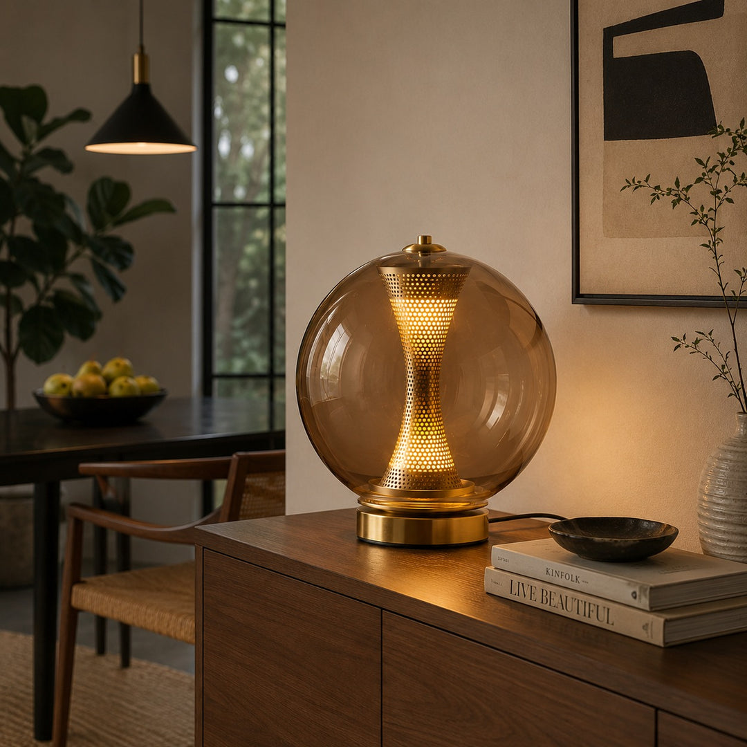 Modern Table Lamp with Hourglass Glass Shade and Metal Base LED Adjustable Indoor Lighting