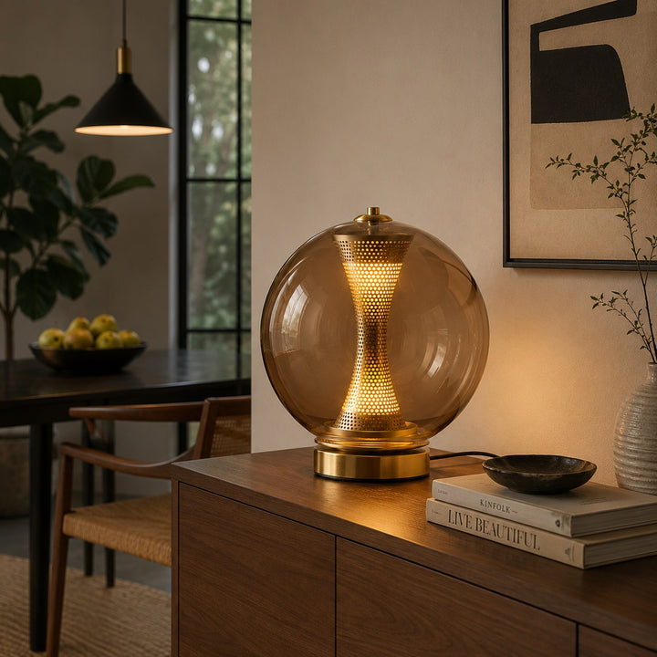 Modern Table Lamp with Hourglass Glass Shade and Metal Base LED Adjustable Indoor Lighting