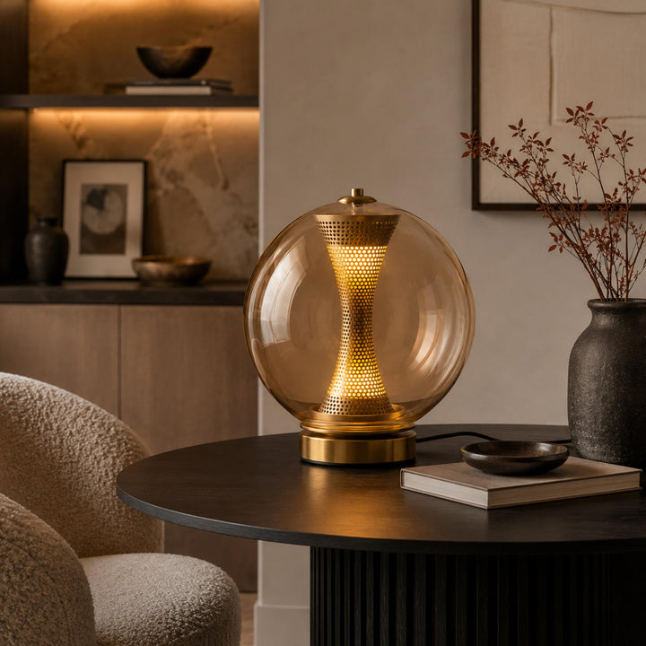 Modern Table Lamp with Hourglass Glass Shade and Metal Base LED Adjustable Indoor Lighting