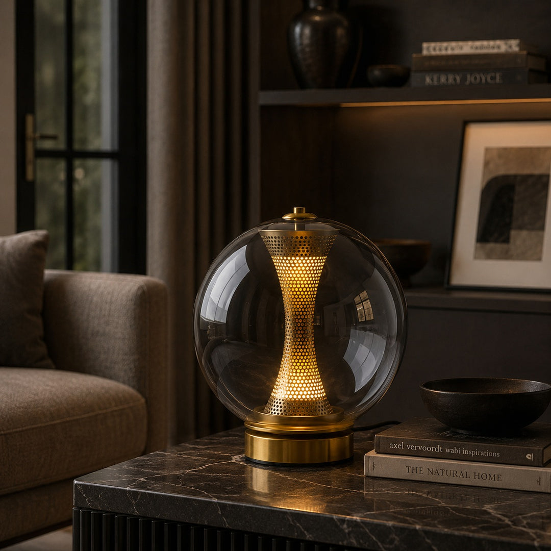 Modern Table Lamp with Hourglass Glass Shade and Metal Base LED Adjustable Indoor Lighting
