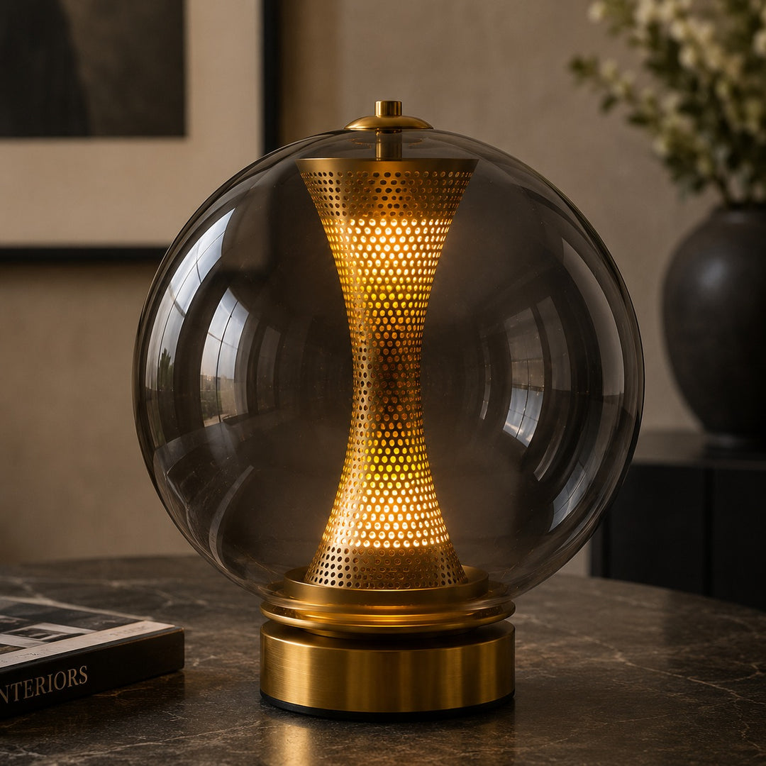 Modern Table Lamp with Hourglass Glass Shade and Metal Base LED Adjustable Indoor Lighting