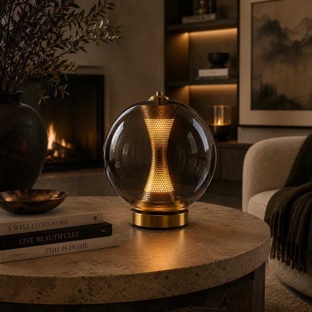 Modern Table Lamp with Hourglass Glass Shade and Metal Base LED Adjustable Indoor Lighting