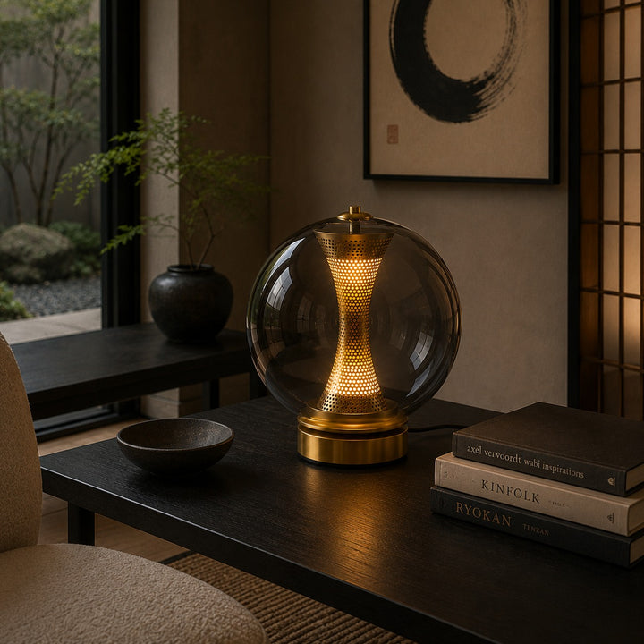 Modern Table Lamp with Hourglass Glass Shade and Metal Base LED Adjustable Indoor Lighting