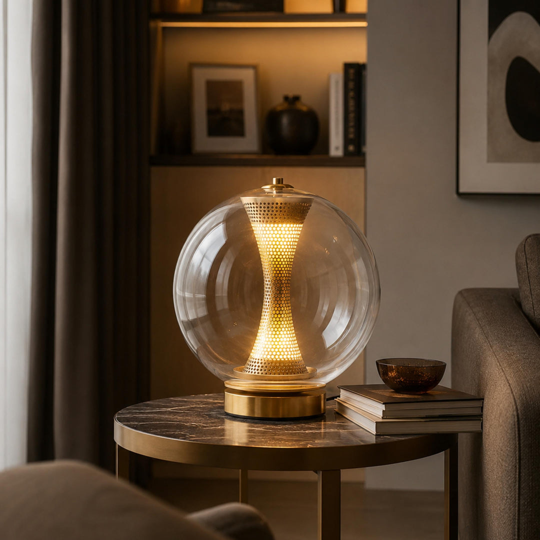 Modern Table Lamp with Hourglass Glass Shade and Metal Base LED Adjustable Indoor Lighting