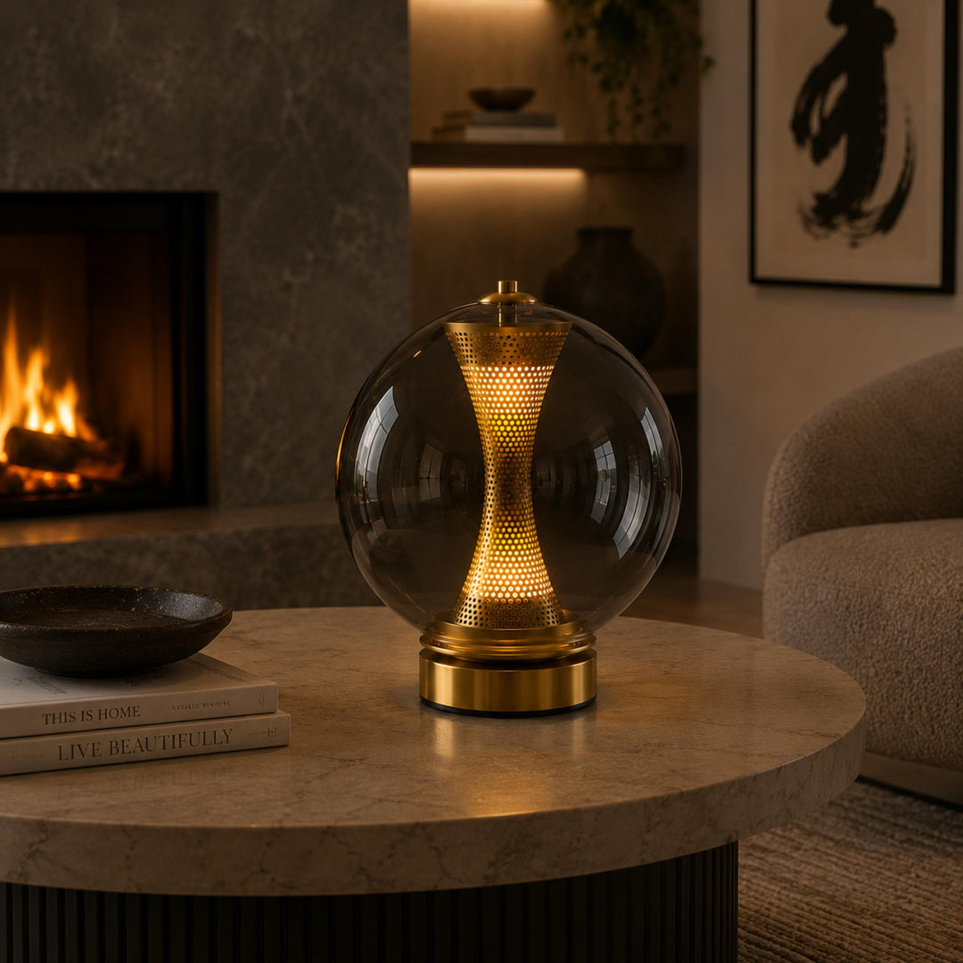 Modern Table Lamp with Hourglass Glass Shade and Metal Base LED Adjustable Indoor Lighting