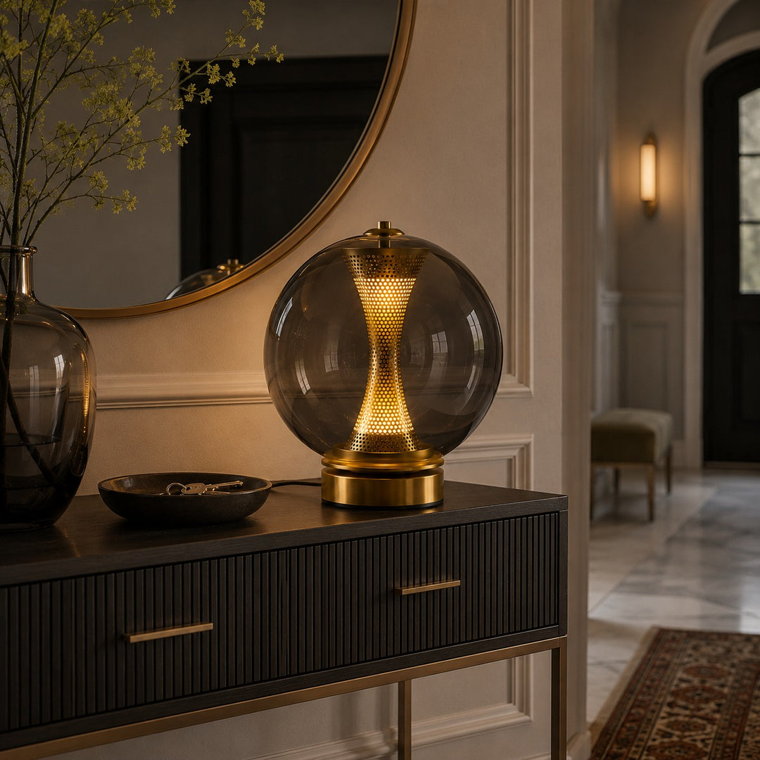 Modern Table Lamp with Hourglass Glass Shade and Metal Base LED Adjustable Indoor Lighting