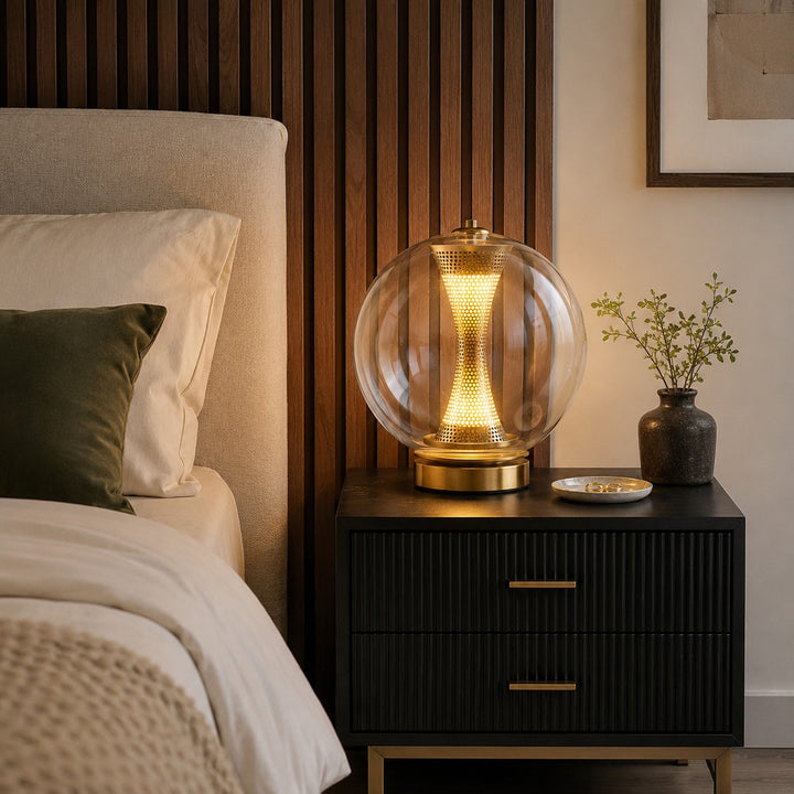 Modern Table Lamp with Hourglass Glass Shade and Metal Base LED Adjustable Indoor Lighting