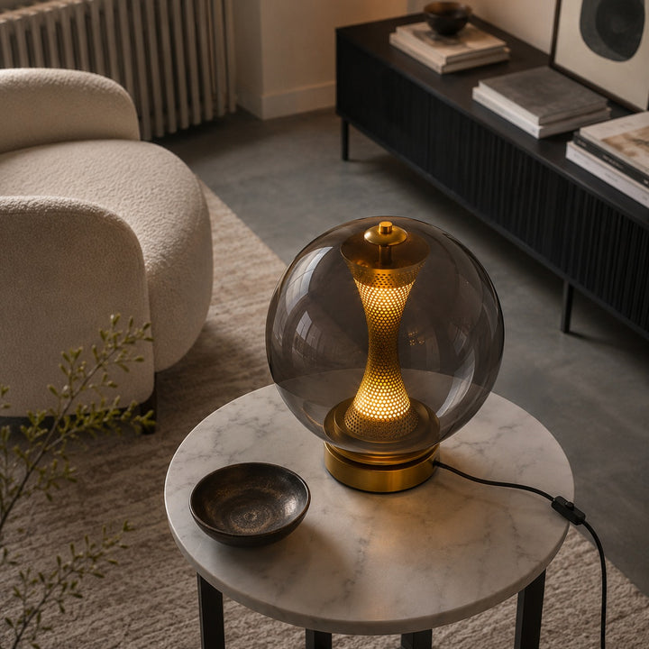 Modern Table Lamp with Hourglass Glass Shade and Metal Base LED Adjustable Indoor Lighting