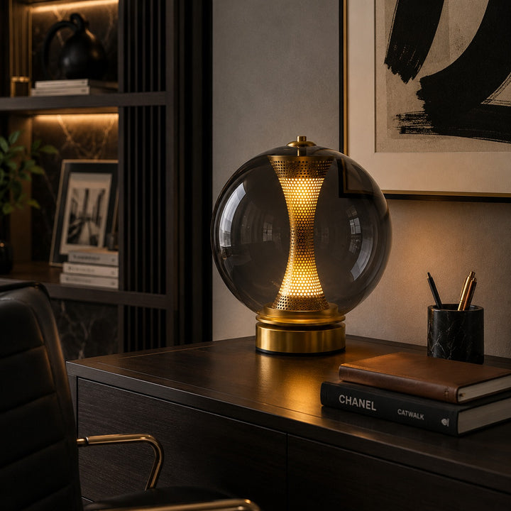 Modern Table Lamp with Hourglass Glass Shade and Metal Base LED Adjustable Indoor Lighting