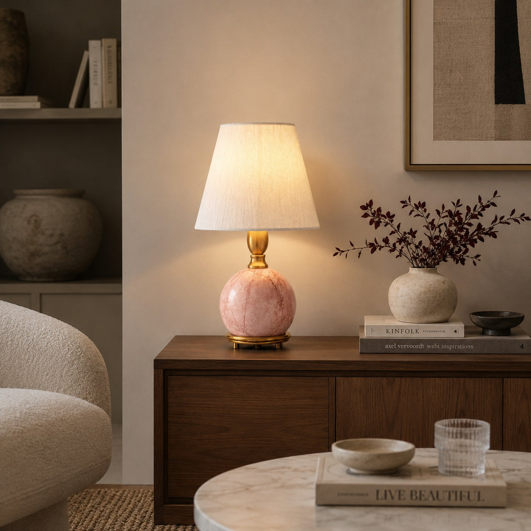 Modern Table Lamp with Rounded Marble Base and Fabric Shade Dimmable Indoor Lighting