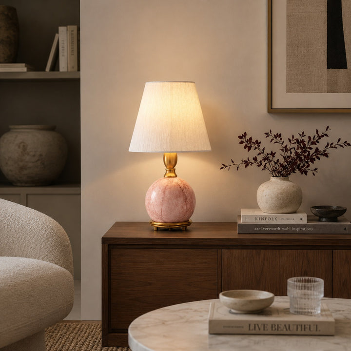 Modern Table Lamp with Rounded Marble Base and Fabric Shade Dimmable Indoor Lighting