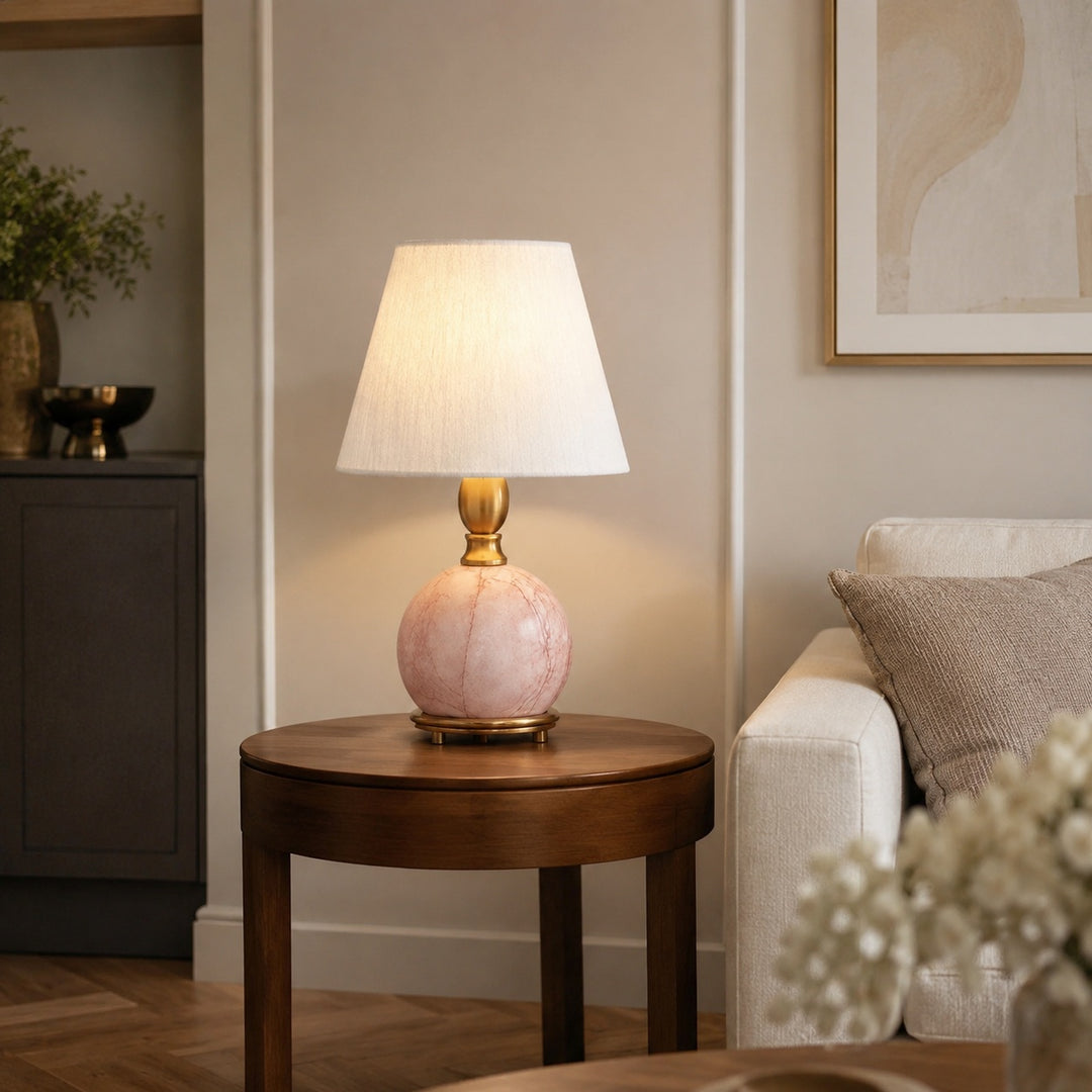 Modern Table Lamp with Rounded Marble Base and Fabric Shade Dimmable Indoor Lighting