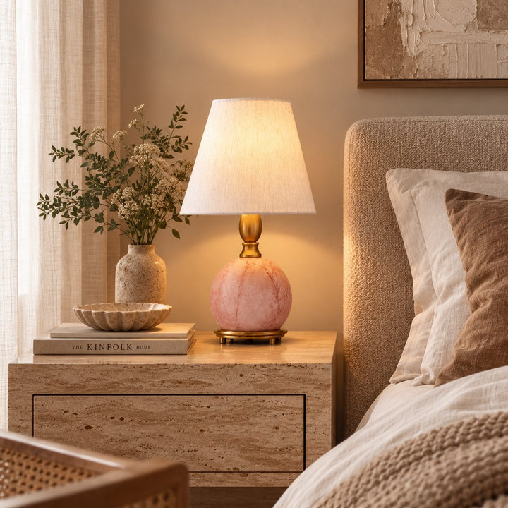 Modern Table Lamp with Rounded Marble Base and Fabric Shade Dimmable Indoor Lighting
