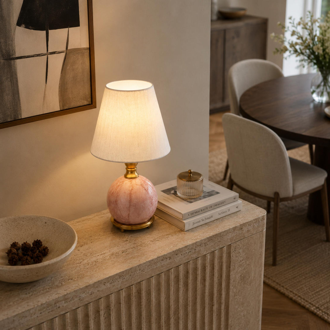 Modern Table Lamp with Rounded Marble Base and Fabric Shade Dimmable Indoor Lighting