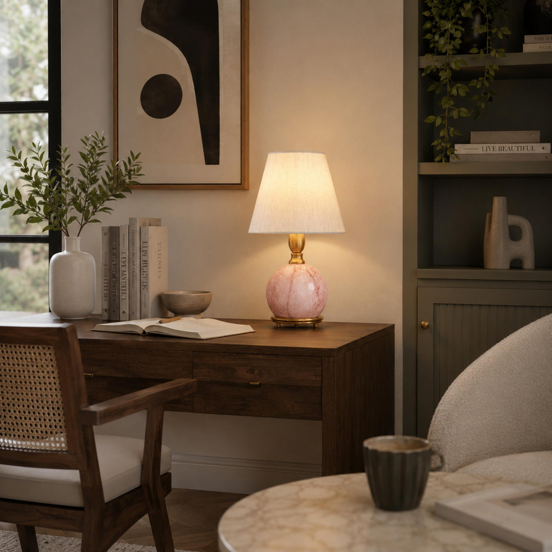 Modern Table Lamp with Rounded Marble Base and Fabric Shade Dimmable Indoor Lighting