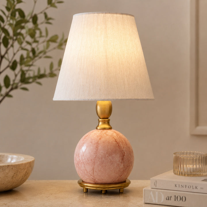 Modern Table Lamp with Rounded Marble Base and Fabric Shade Dimmable Indoor Lighting