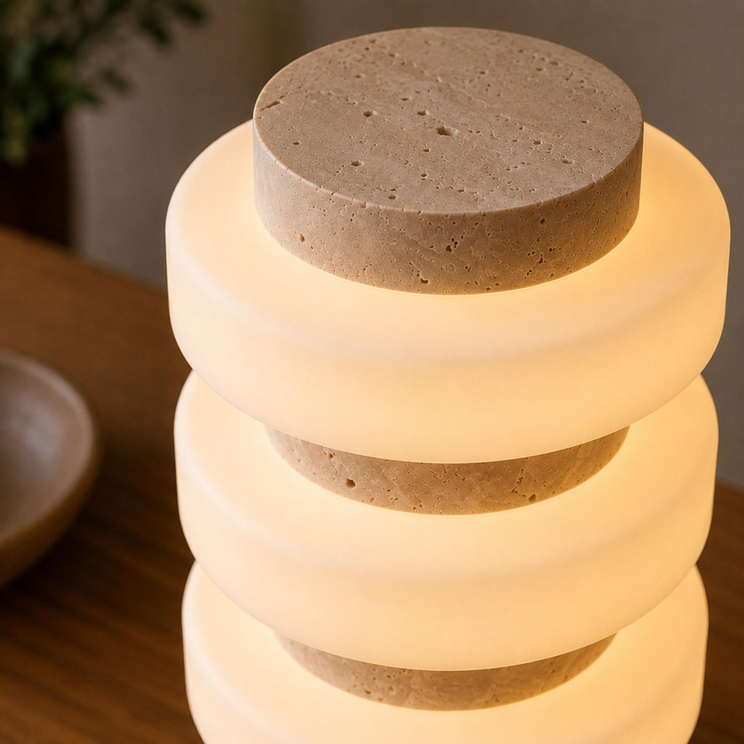 Modern Table Lamp with Travertine Base and Integrated LED for Indoor Use