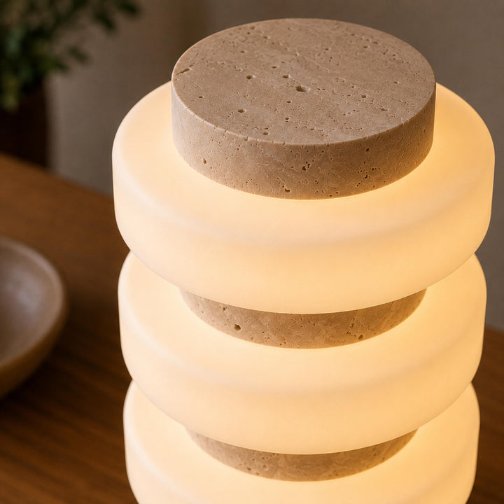 Modern Table Lamp with Travertine Base and Integrated LED for Indoor Use
