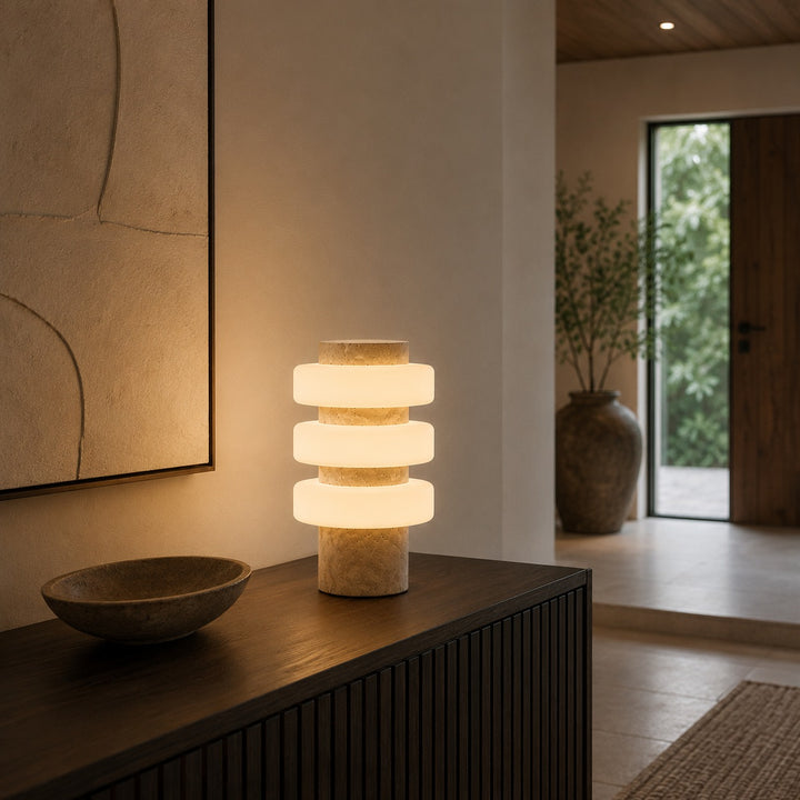 Modern Table Lamp with Travertine Base and Integrated LED for Indoor Use