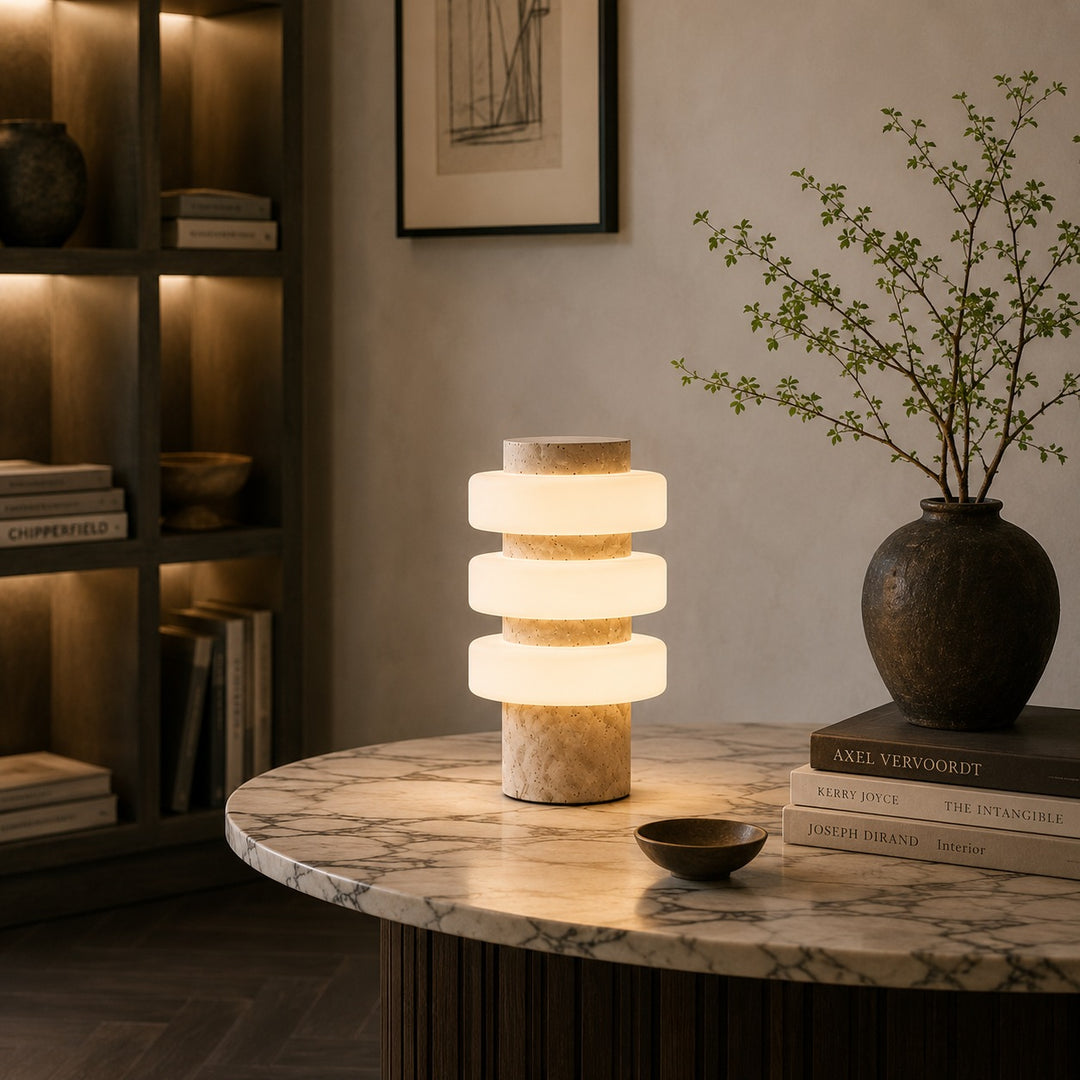 Modern Table Lamp with Travertine Base and Integrated LED for Indoor Use