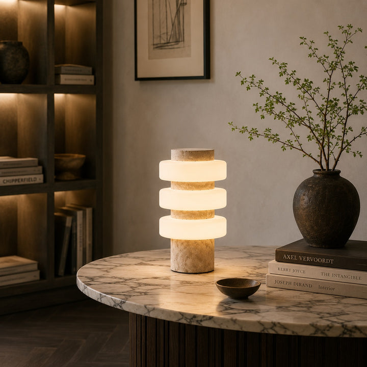 Modern Table Lamp with Travertine Base and Integrated LED for Indoor Use