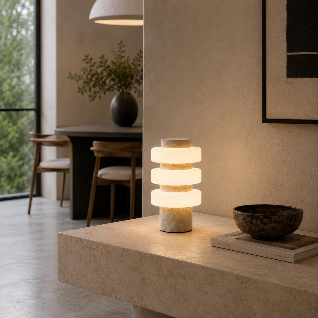 Modern Table Lamp with Travertine Base and Integrated LED for Indoor Use
