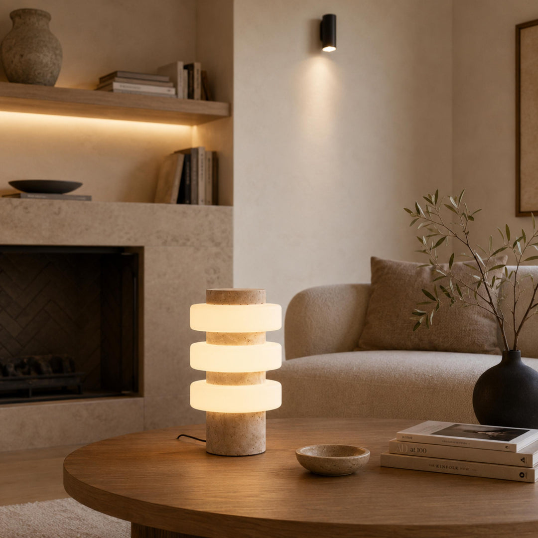 Modern Table Lamp with Travertine Base and Integrated LED for Indoor Use