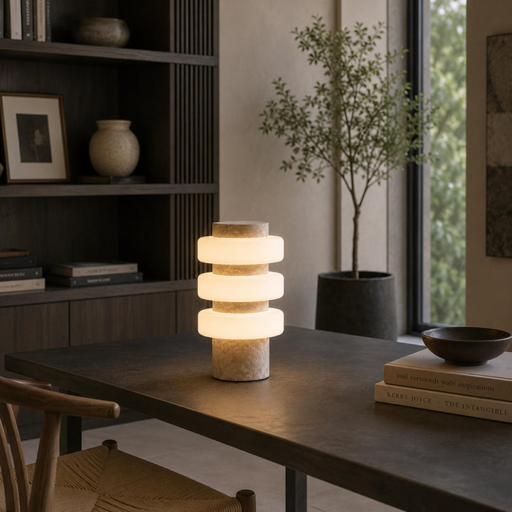 Modern Table Lamp with Travertine Base and Integrated LED for Indoor Use