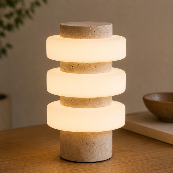 Modern Table Lamp with Travertine Base and Integrated LED for Indoor Use