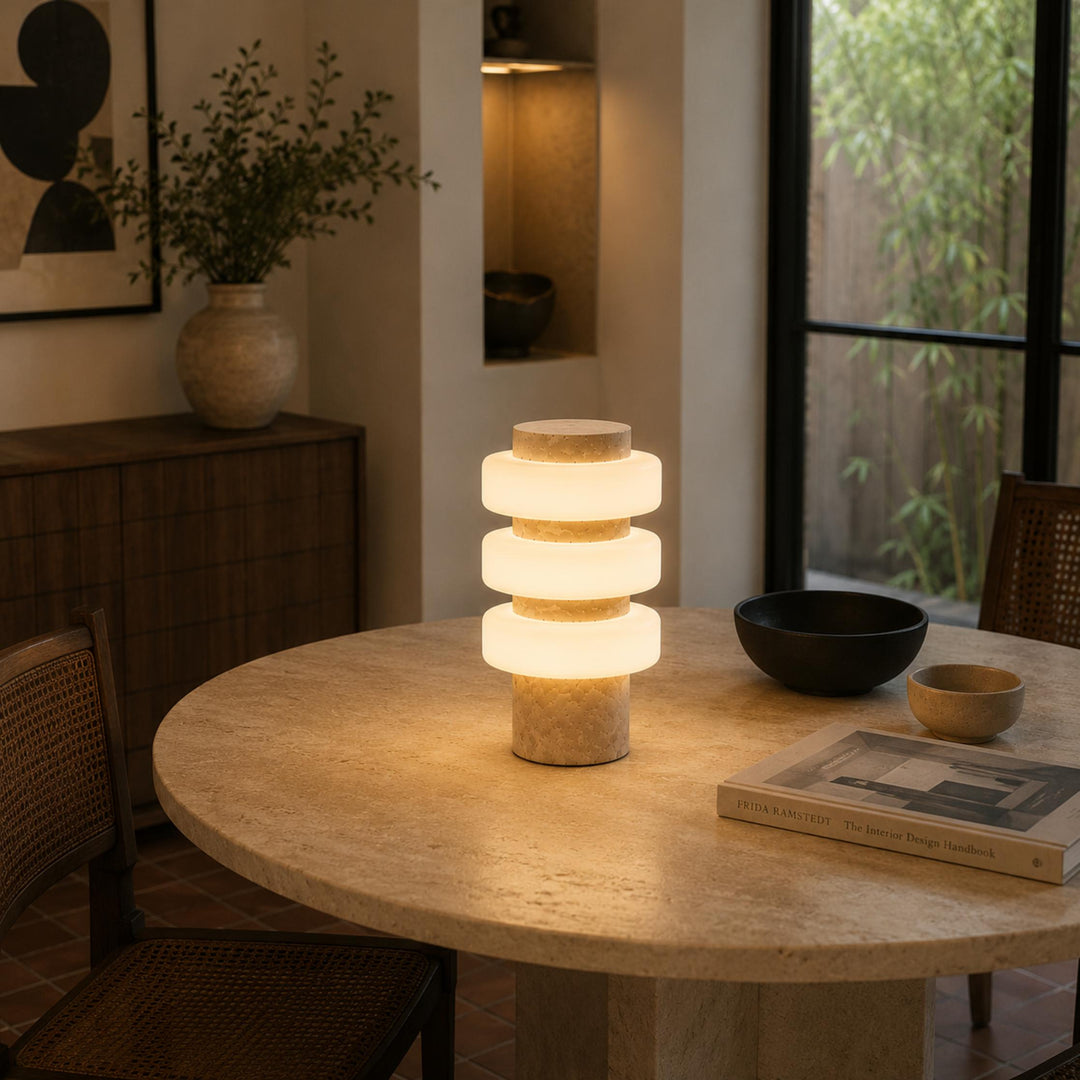 Modern Table Lamp with Travertine Base and Integrated LED for Indoor Use