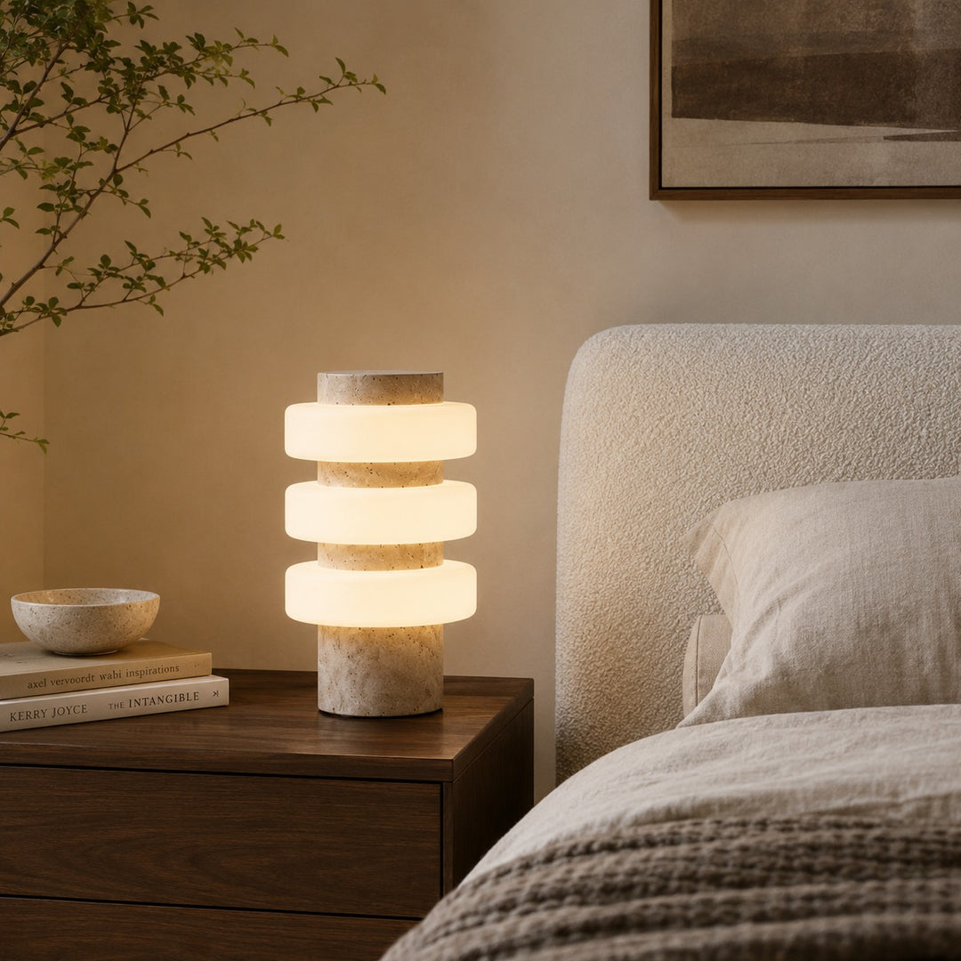 Modern Table Lamp with Travertine Base and Integrated LED for Indoor Use