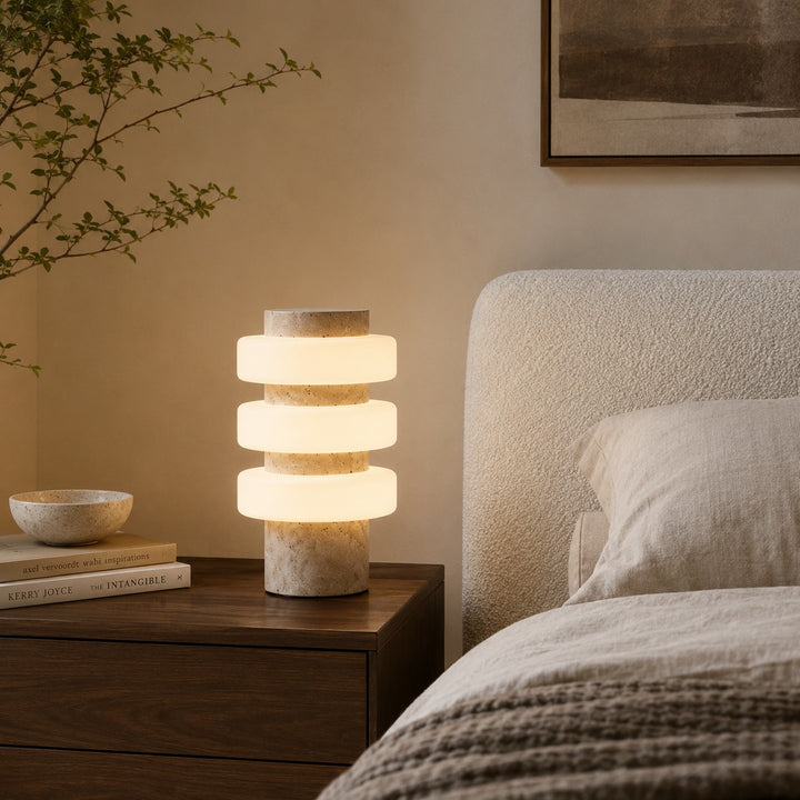 Modern Table Lamp with Travertine Base and Integrated LED for Indoor Use