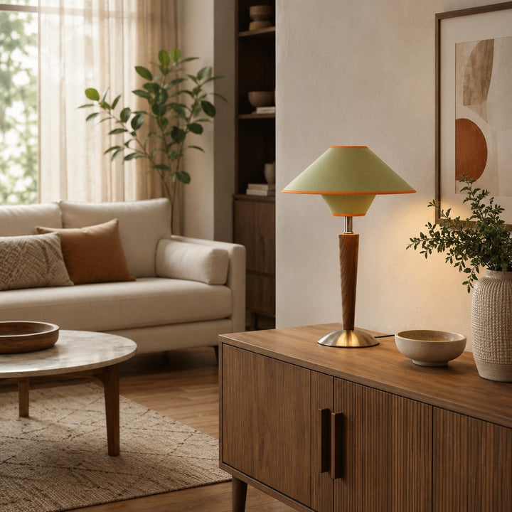 Modern Table Lamp with Wooden Base and Fabric Shade Plug-in Adjustable Dimmable 40W E26/E27