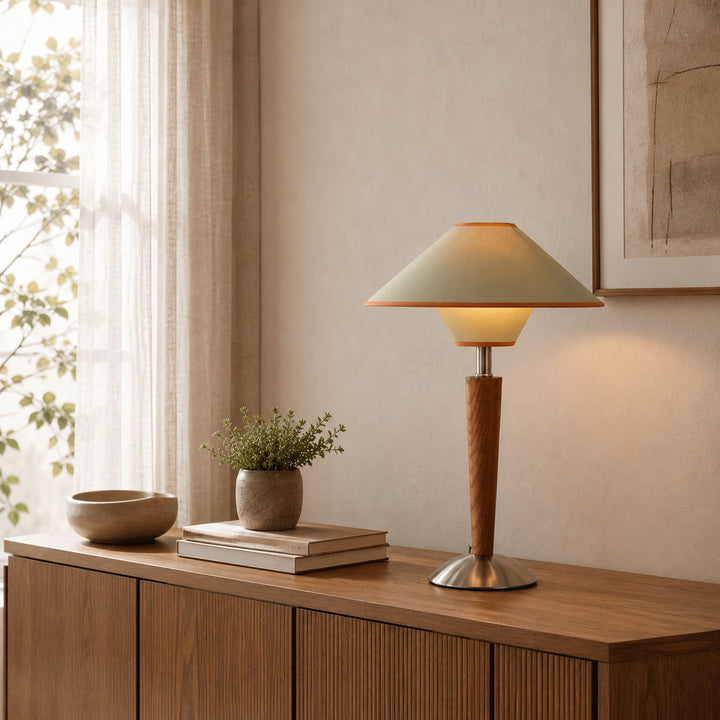 Modern Table Lamp with Wooden Base and Fabric Shade Plug-in Adjustable Dimmable 40W E26/E27