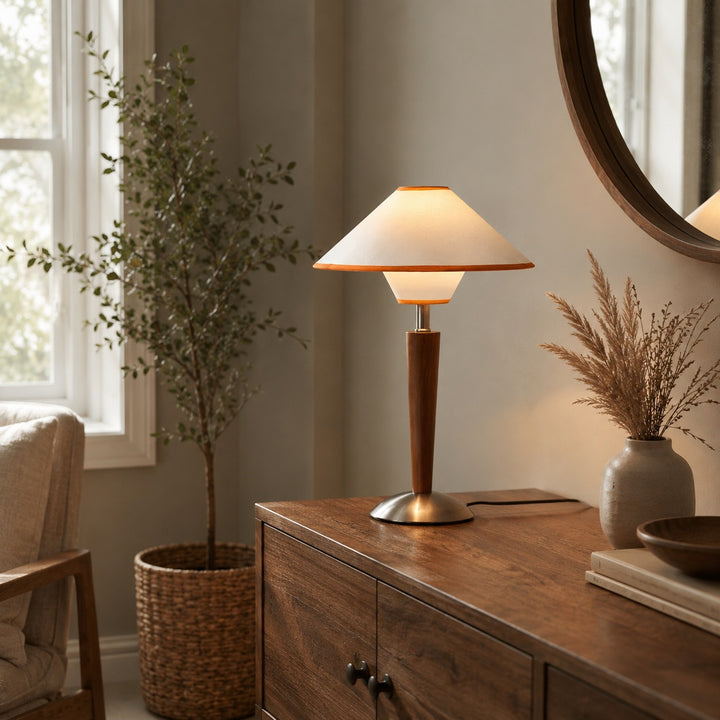 Modern Table Lamp with Wooden Base and Fabric Shade Plug-in Adjustable Dimmable 40W E26/E27