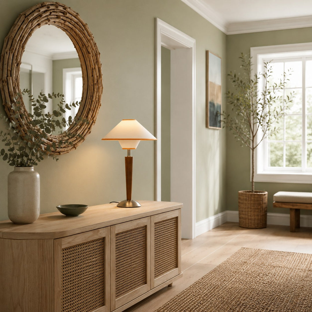 Modern Table Lamp with Wooden Base and Fabric Shade Plug-in Adjustable Dimmable 40W E26/E27