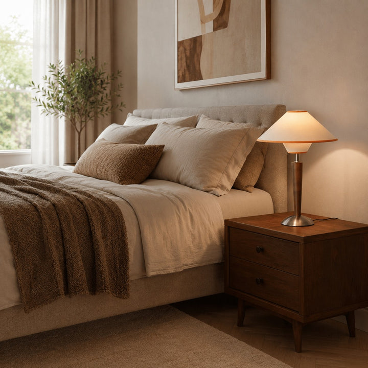 Modern Table Lamp with Wooden Base and Fabric Shade Plug-in Adjustable Dimmable 40W E26/E27