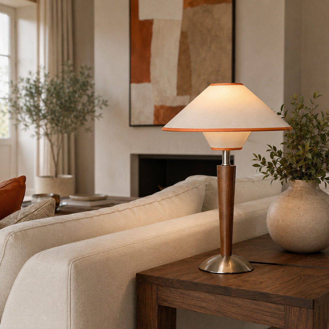 Modern Table Lamp with Wooden Base and Fabric Shade Plug-in Adjustable Dimmable 40W E26/E27