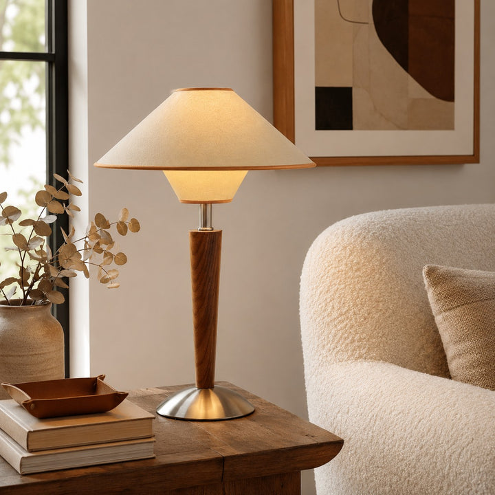 Modern Table Lamp with Wooden Base and Fabric Shade Plug-in Adjustable Dimmable 40W E26/E27