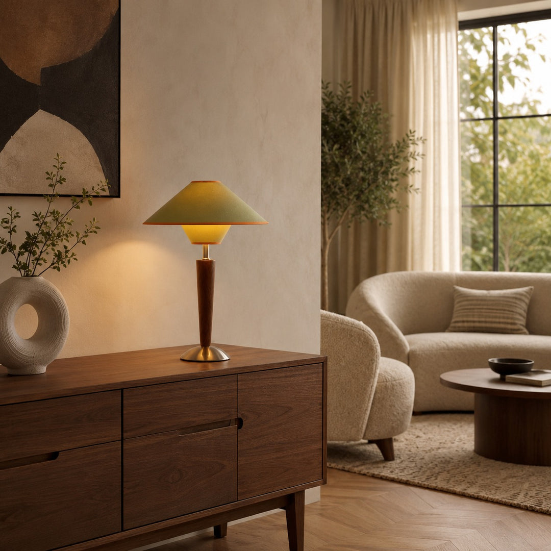 Modern Table Lamp with Wooden Base and Fabric Shade Plug-in Adjustable Dimmable 40W E26/E27