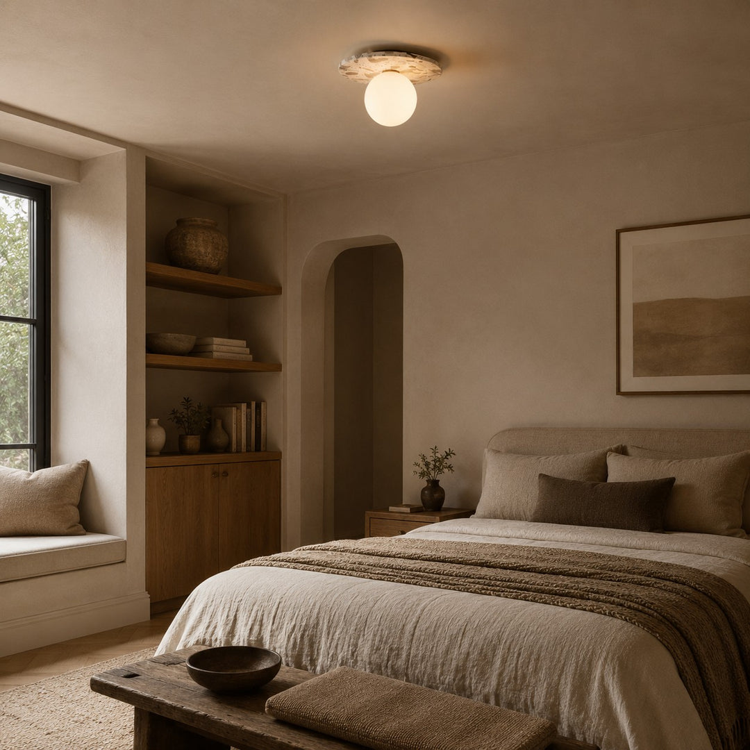 Modern Terrazzo Flush Mount Ceiling Light with Spherical Glass Shade and Copper Accents for Ambient Illumination