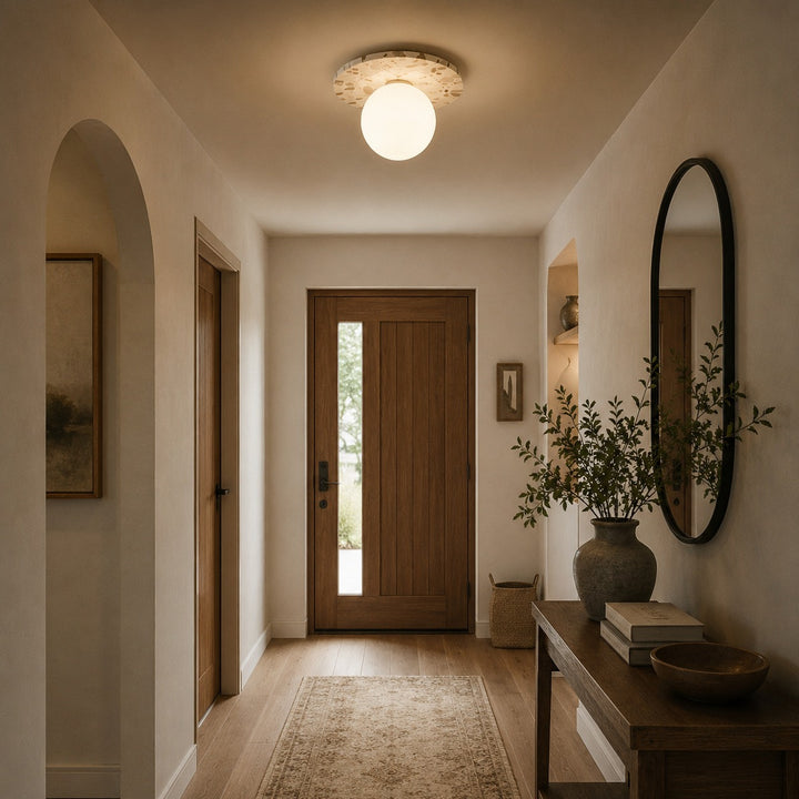 Modern Terrazzo Flush Mount Ceiling Light with Spherical Glass Shade and Copper Accents for Ambient Illumination