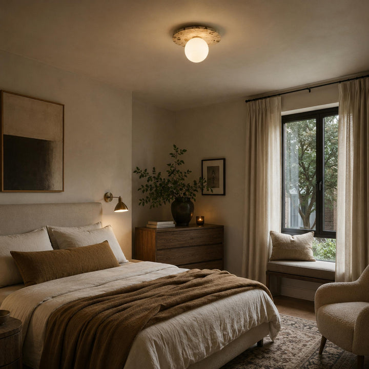 Modern Terrazzo Flush Mount Ceiling Light with Spherical Glass Shade and Copper Accents for Ambient Illumination