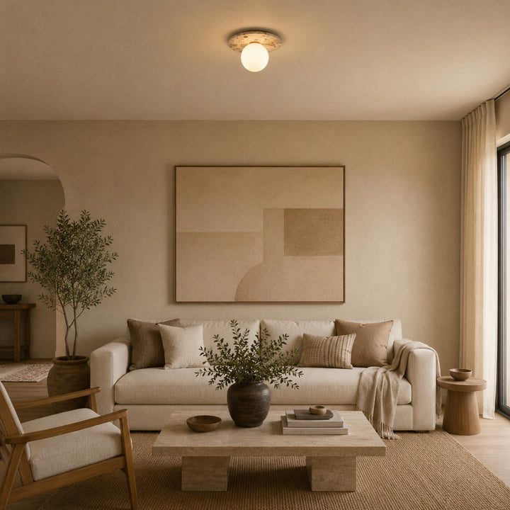 Modern Terrazzo Flush Mount Ceiling Light with Spherical Glass Shade and Copper Accents for Ambient Illumination