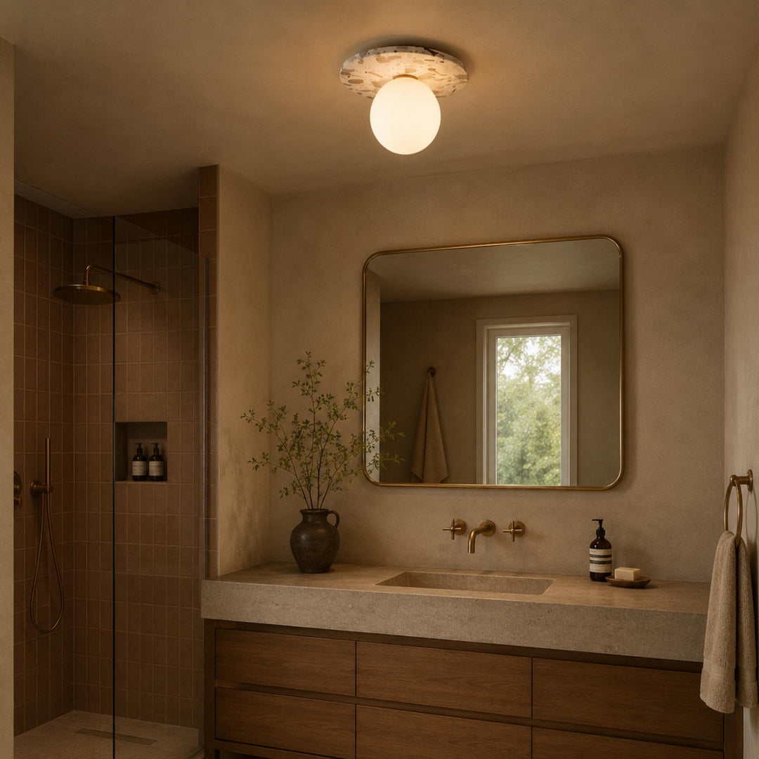 Modern Terrazzo Flush Mount Ceiling Light with Spherical Glass Shade and Copper Accents for Ambient Illumination
