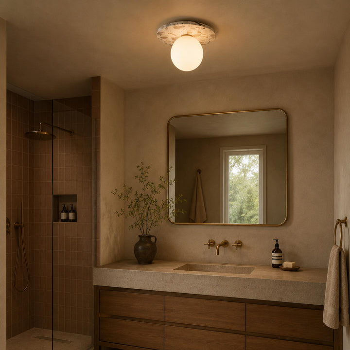 Modern Terrazzo Flush Mount Ceiling Light with Spherical Glass Shade and Copper Accents for Ambient Illumination