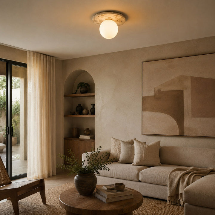 Modern Terrazzo Flush Mount Ceiling Light with Spherical Glass Shade and Copper Accents for Ambient Illumination