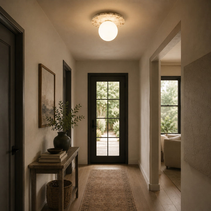 Modern Terrazzo Flush Mount Ceiling Light with Spherical Glass Shade and Copper Accents for Ambient Illumination