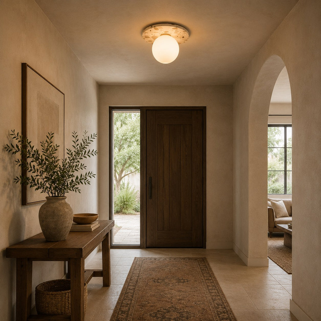 Modern Terrazzo Flush Mount Ceiling Light with Spherical Glass Shade and Copper Accents for Ambient Illumination